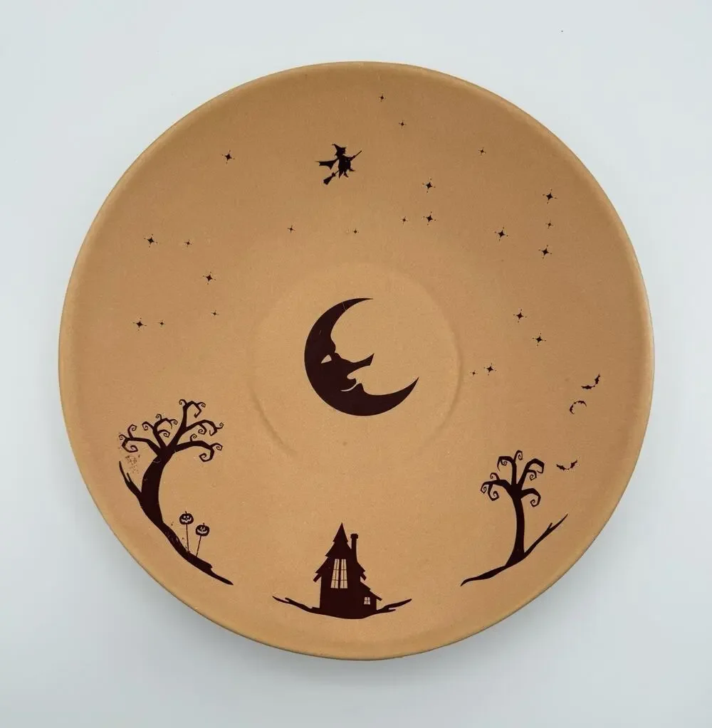 Lonesomeville Pottery Spooky Halloween Night Bowl 11” Witch Moon Pumpkin Signed